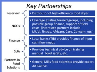 Key Partnerships
Reservoir

NGOs

Finance
SUA
Partners In
Food
Solutions

• Distributor of high-efficiency food dryer
• Leverage existing formed groups, including
possible group finance, support of field
costs (interested partners include
MUVI, fintrac, Africare, Care, Concern, etc.)
• Local banks (TIB) provides finance of input
cash flow needs
• Provides technical advice on training
manual , food safety, etc.
• General Mills food scientists provide expert
assistance.
32

 