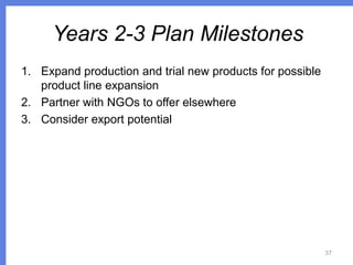 Years 2-3 Plan Milestones
1. Expand production and trial new products for possible
product line expansion
2. Partner with NGOs to offer elsewhere
3. Consider export potential

37

 