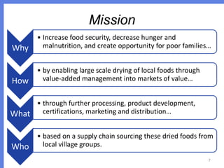 Mission
Why

• Increase food security, decrease hunger and
malnutrition, and create opportunity for poor families…

How

• by enabling large scale drying of local foods through
value-added management into markets of value…

What

• through further processing, product development,
certifications, marketing and distribution…

Who

• based on a supply chain sourcing these dried foods from
local village groups.
7

 
