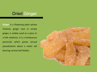 Dried Ginger
Ginger is a flowering plant whose
rhizome, ginger root or simply
ginger, is widely used as a spice or
a folk medicine. It is a herbaceous
perennial which grows annual
pseudostems about a meter tall
bearing narrow leaf blades.
 