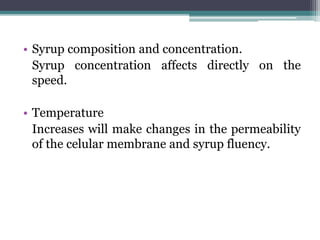 • Syrup composition and concentration.
Syrup concentration affects directly on the
speed.
• Temperature
Increases will make changes in the permeability
of the celular membrane and syrup fluency.
 