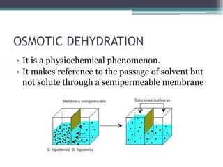 OSMOTIC DEHYDRATION
• It is a physiochemical phenomenon.
• It makes reference to the passage of solvent but
not solute through a semipermeable membrane
 