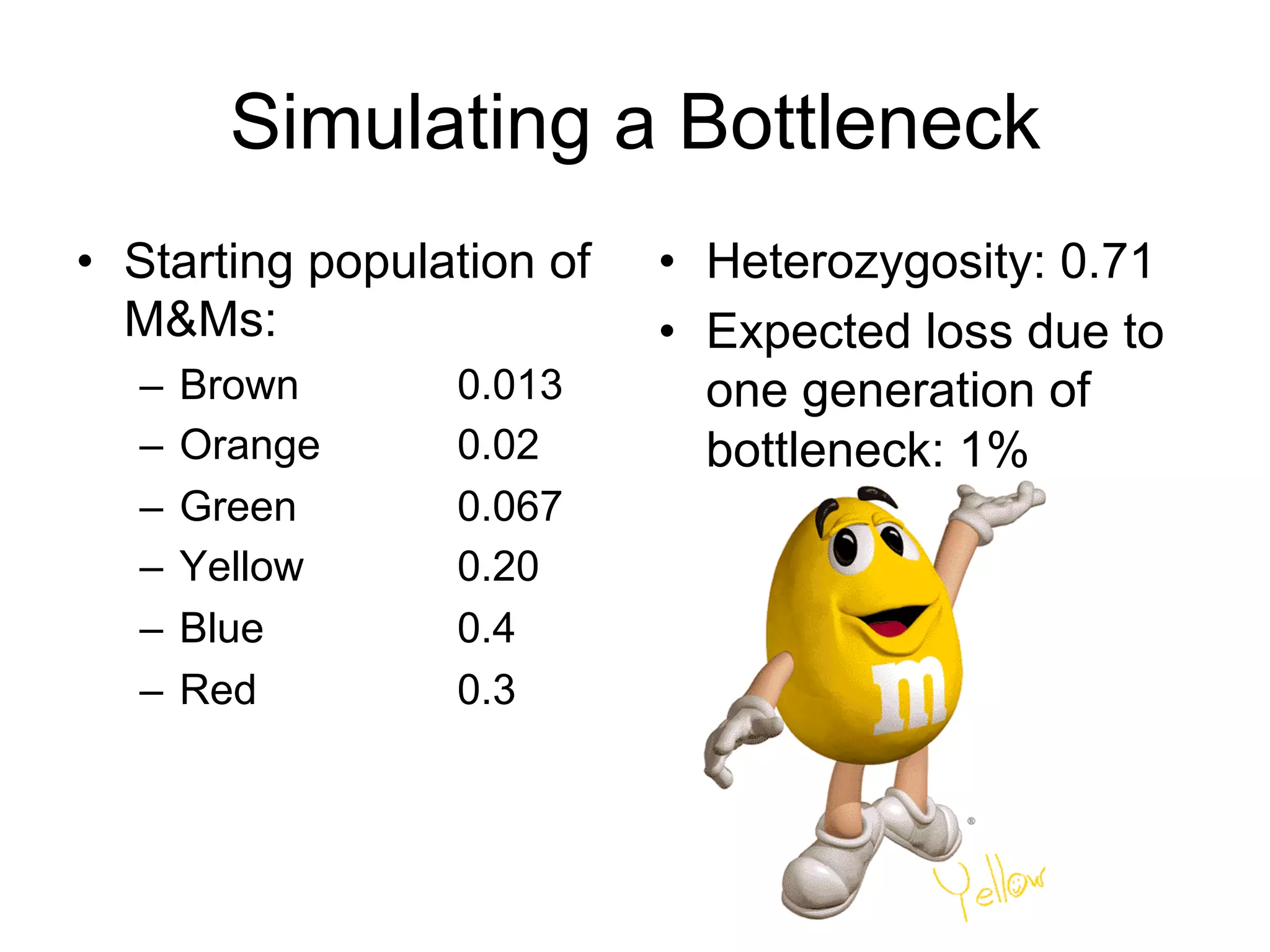 Simulating a Bottleneck
•  Heterozygosity: 0.71
•  Expected loss due to
one generation of
bottleneck: 1%
•  Starting population of
M&Ms:
–  Brown 0.013
–  Orange 0.02
–  Green 0.067
–  Yellow 0.20
–  Blue 0.4
–  Red 0.3
 