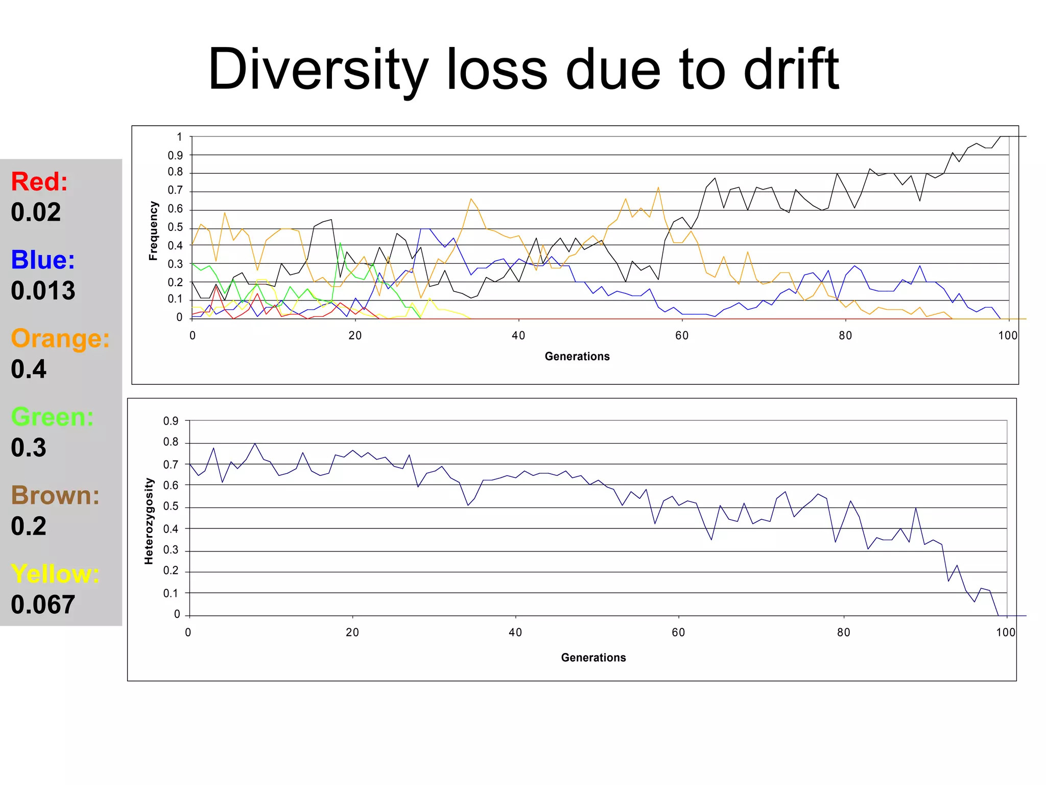 0
0.1
0.2
0.3
0.4
0.5
0.6
0.7
0.8
0.9
1
0 20 40 60 80 100
Generations
Frequency
0
0.1
0.2
0.3
0.4
0.5
0.6
0.7
0.8
0.9
0 20 40 60 80 100
Generations
Heterozygosity
Red:
0.02
Blue:
0.013
Orange:
0.4
Green:
0.3
Brown:
0.2
Yellow:
0.067
Diversity loss due to drift
 