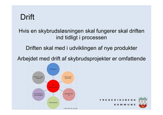 Drift
Hvis en skybrudsløsningen skal fungerer skal driften
ind tidligt i processen
Driften skal med i udviklingen af nye produkter
Arbejdet med drift af skybrudsprojekter er omfattende
 