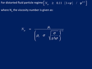 For distorted fluid particle regime
where Nμ the viscosity number is given as:
( ) 8/3
0.11 1 /Nµ ψ ψ ≥ + 
1
1/ 2
1
N
g
µ
µ
σ
ρ σ
ρ
=
 
 ÷
∆ 
 