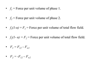 • f1 = Force per unit volume of phase 1.
• f2 = Force per unit volume of phase 2.
• f1(1-α) = F1 = Force per unit volume of total flow field.
• f2(1- α) = F2 = Force per unit volume of total flow field.
• F1 = F12 – Fw1

• F2 = -F12 – Fw2

 