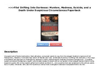 ~>>File! Drifting Into Darkness: Murders, Madness, Suicide, and a
Death Under Suspicious Circumstances Paperback
A tangled web of family dysfunction, fatal attraction, and greed wends its way from the elegant Southern mansions of old Montgomery, Alabama, to the New Age salons of Boulder and rural, windswept Wyoming in Drifting Into Darkness, a true saga of bloodshed and betrayal.On Thanksgiving weekend in 2004, philanthropists Charlotte and Brent Springford Sr.--a wealthy, socially prominent Montgomery couple--were brutally beaten to death with an ax handle in their elegant Garden District home. Suspicion quickly fell on the couple's gifted but troubled son Brent Jr., who would be tried and sentenced to life without parole. But a mystery remained: Who was the mysterious woman that investigators believed manipulated Brent into this murder?Drifting Into Darkness follows investigators as they trace the elusive accomplice, a woman who claimed to be a Native American shaman. Author Mark Pinsky gets up-close and personal with the case, having broken the cardinal rule of journalism by involving himself in the story. With access to unique and heart-breaking behind-the-scenes material, the author takes readers into the troubled, tortured minds of the case's main players.
Description
A tangled web of family dysfunction, fatal attraction, and greed wends its way from the elegant Southern mansions of old
Montgomery, Alabama, to the New Age salons of Boulder and rural, windswept Wyoming in Drifting Into Darkness, a true saga
of bloodshed and betrayal.On Thanksgiving weekend in 2004, philanthropists Charlotte and Brent Springford Sr.--a wealthy,
socially prominent Montgomery couple--were brutally beaten to death with an ax handle in their elegant Garden District home.
Suspicion quickly fell on the couple's gifted but troubled son Brent Jr., who would be tried and sentenced to life without parole.
But a mystery remained: Who was the mysterious woman that investigators believed manipulated Brent into this
 