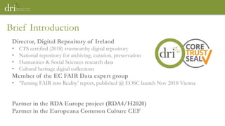 Director, Digital Repository of Ireland
• CTS certified (2018) trustworthy digital repository
• National repository for archiving, curation, preservation
• Humanities & Social Sciences research data
• Cultural heritage digital collections
Member of the EC FAIR Data expert group
• ‘Turning FAIR into Reality’ report, published @ EOSC launch Nov 2018 Vienna
Partner in the RDA Europe project (RDA4/H2020)
Partner in the Europeana Common Culture CEF
Brief Introduction
 