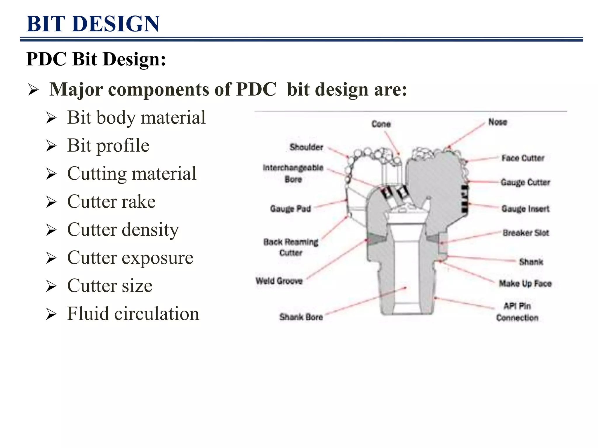 BIT DESIGN
PDC Bit Design:
 Major components of PDC bit design are:
 Bit body material
 Bit profile
 Cutting material
 Cutter rake
 Cutter density
 Cutter exposure
 Cutter size
 Fluid circulation
 