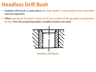 Headless Drill Bush
• Headless drill bush is used where the hole depth is not needed to be controlled
and not important.
• When spacing of the bush is close or the top surface of the jig plate is required to
be free from the projecting collars, headless bushes are used.
Headless Drill Bush
 