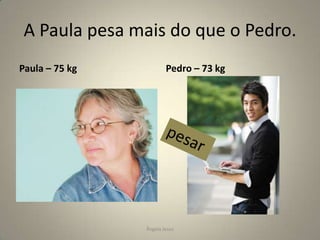 A Paula pesa mais do que o Pedro.
Paula – 75 kg

Pedro – 73 kg

Ângela Jesus

 