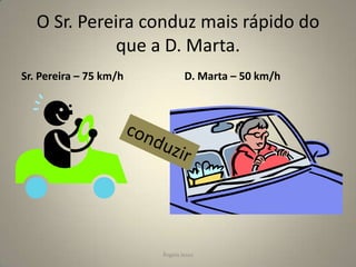 O Sr. Pereira conduz mais rápido do
que a D. Marta.
Sr. Pereira – 75 km/h

D. Marta – 50 km/h

Ângela Jesus

 