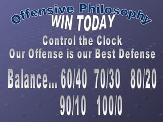 Offensive Philosophy WIN TODAY Control the Clock Our Offense is our Best Defense Balance... 60/40  70/30  80/20 90/10  100/0  