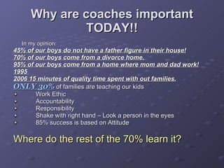 Why are coaches important TODAY!! In my opinion: 45% of our boys do not have a father figure in their house! 70% of our boys come from a divorce home. 95% of our boys come from a home where mom and dad work! 1995  2006 15 minutes of quality time spent with out families. ONLY 30%   of families are teaching our kids Work Ethic Accountability Responsibility Shake with right hand – Look a person in the eyes 85% success is based on Attitude Where do the rest of the 70% learn it? 