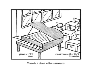 classroom = きょうしつpiano = ピアノ
There is a piano in the classroom.
piano kyoushitsu