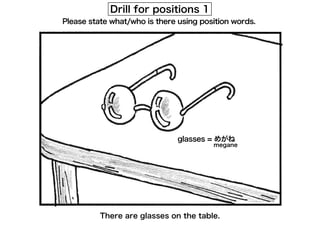 glasses = めがね
Drill for positions 1
Please state what/who is there using position words.
There are glasses on the table.
megane
 