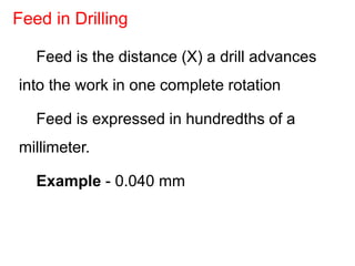 Feed is the distance (X) a drill advances
into the work in one complete rotation
Feed is expressed in hundredths of a
millimeter.
Example - 0.040 mm
Feed in Drilling
 