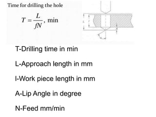 T-Drilling time in min
L-Approach length in mm
l-Work piece length in mm
A-Lip Angle in degree
N-Feed mm/min
 