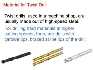 Twist drills, used in a machine shop, are
usually made out of high-speed steel.
For drilling hard materials at higher
cutting speeds, there are drills with
carbide tips, brazed at the lips of the drill.
Material for Twist Drill
 