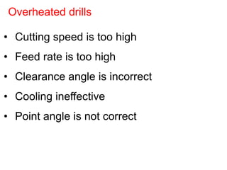 • Cutting speed is too high
• Feed rate is too high
• Clearance angle is incorrect
• Cooling ineffective
• Point angle is not correct
Overheated drills
 