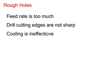 Feed rate is too much
Drill cutting edges are not sharp
Cooling is ineffecticve
Rough Holes
 