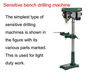 The simplest type of
sensitive drilling
machines is shown in
the figure with its
various parts marked.
This is used for light
duty work.
Sensitive bench drilling machine
 