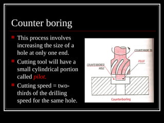 Counter boring
 This process involves
increasing the size of a
hole at only one end.
 Cutting tool will have a
small cylindrical portion
called pilot.
 Cutting speed = two-
thirds of the drilling
speed for the same hole.
 
