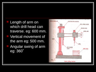  Length of arm on
which drill head can
traverse. eg: 600 mm.
 Vertical movement of
the arm eg: 500 mm.
 Angular swing of arm
eg: 360˚
 