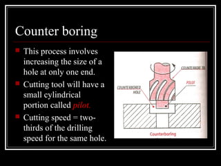 Counter boring
 This process involves
increasing the size of a
hole at only one end.
 Cutting tool will have a
small cylindrical
portion called pilot.
 Cutting speed = two-
thirds of the drilling
speed for the same hole.
 