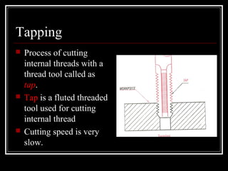 Tapping
 Process of cutting
internal threads with a
thread tool called as
tap.
 Tap is a fluted threaded
tool used for cutting
internal thread
 Cutting speed is very
slow.
 