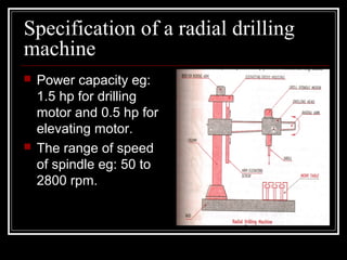Specification of a radial drilling
machine
 Power capacity eg:
1.5 hp for drilling
motor and 0.5 hp for
elevating motor.
 The range of speed
of spindle eg: 50 to
2800 rpm.
 