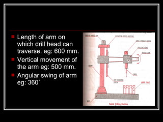  Length of arm on
which drill head can
traverse. eg: 600 mm.
 Vertical movement of
the arm eg: 500 mm.
 Angular swing of arm
eg: 360˚
 