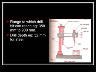  Range to which drill
bit can reach eg: 350
mm to 900 mm.
 Drill depth eg: 32 mm
for steel.
 