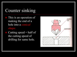 Counter sinking
 This is an operation of
making the end of a
hole into a conical
shape.
 Cutting speed = half of
the cutting speed of
drilling for same hole.
 