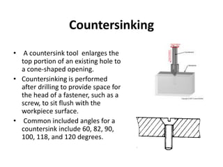 Countersinking
• A countersink tool enlarges the
top portion of an existing hole to
a cone-shaped opening.
• Countersinking is performed
after drilling to provide space for
the head of a fastener, such as a
screw, to sit flush with the
workpiece surface.
• Common included angles for a
countersink include 60, 82, 90,
100, 118, and 120 degrees.
 