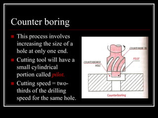 Counter boring
 This process involves
increasing the size of a
hole at only one end.
 Cutting tool will have a
small cylindrical
portion called pilot.
 Cutting speed = two-
thirds of the drilling
speed for the same hole.
 