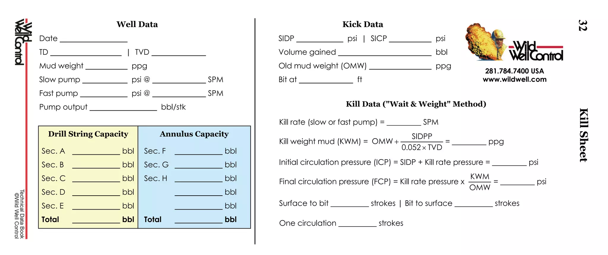 32
Well Data Kick Data
Date SIDP psi | SICP psi
TD | TVD Volume gained bbl
Mud weight ppg Old mud weight (OMW) ppg
Slow pump psi @ SPM Bit at ft
Fast pump psi @ SPM
Pump output bbl/stk Kill Data ("Wait & Weight" Method)
Kill rate (slow or fast pump) = _________ SPM
Kill weight mud (KWM) =
TVD052.0
SIDPP
OMW

 = _________ ppg
Initial circulation pressure (ICP) = SIDP + Kill rate pressure = _________ psi
Final circulation pressure (FCP) = Kill rate pressure x
OMW
KWM
= _________ psi
Surface to bit __________ strokes | Bit to surface __________ strokes
One circulation __________ strokes
Drill String Capacity Annulus Capacity
Sec. A bbl
Sec. B bbl
Sec. C bbl
Sec. D bbl
Sec. E bbl
Total bbl
Sec. F bbl
Sec. G bbl
Sec. H bbl
bbl
bbl
Total bbl
KillSheet
281.784.7400 USA
www.wildwell.com
 