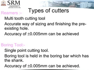 Types of cuttersReamers :-
Multi tooth cutting tool
Accurate way of sizing and finishing the pre-
existing hole.
Accuracy of ±0.005mm can be achieved
Boring Tool:-
Single point cutting tool.
Boring tool is held in the boring bar which has
the shank.
Accuracy of ±0.005mm can be achieved.
 
