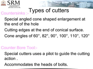 Types of cuttersCountersinks :-
Special angled cone shaped enlargement at
the end of the hole
Cutting edges at the end of conical surface.
Cone angles of 60°, 82°, 90°, 100°, 110°, 120°
Counter Bore Tool:-
Special cutters uses a pilot to guide the cutting
action .
Accommodates the heads of bolts.
 