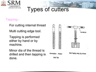 Types of cutters
Tapping:-
For cutting internal thread
Multi cutting edge tool.
Tapping is performed
either by hand or by
machine.
Minor dia of the thread is
drilled and then tapping is
done.
 