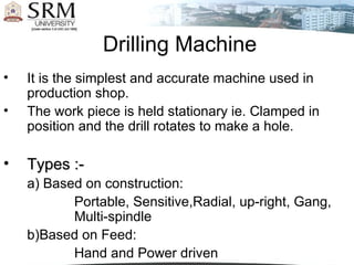 Drilling Machine
• It is the simplest and accurate machine used in
production shop.
• The work piece is held stationary ie. Clamped in
position and the drill rotates to make a hole.
• Types :-Types :-
a) Based on construction:
Portable, Sensitive,Radial, up-right, Gang,
Multi-spindle
b)Based on Feed:
Hand and Power driven
 