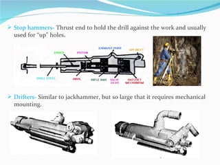  Stop hammers- Thrust end to hold the drill against the work and usually
  used for “up” holes.




 Drifters- Similar to jackhammer, but so large that it requires mechanical
  mounting.
 