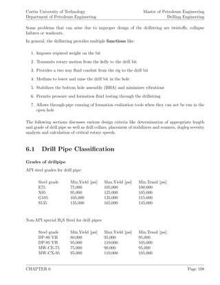 Curtin University of Technology
Department of Petroleum Engineering
Master of Petroleum Engineering
Drilling Engineering
Some problems that can arise due to improper design of the drillstring are twistoﬀs, collapse
failures or washouts.
In general, the drillstring provides multiple functions like:
1. Imposes required weight on the bit
2. Transmits rotary motion from the kelly to the drill bit
3. Provides a two way ﬂuid conduit from the rig to the drill bit
4. Medium to lower and raise the drill bit in the hole
5. Stabilizes the bottom hole assembly (BHA) and minimizes vibrations
6. Permits pressure and formation ﬂuid testing through the drillstring
7. Allows through-pipe running of formation evaluation tools when they can not be run in the
open hole
The following sections discusses various design criteria like determination of appropriate length
and grade of drill pipe as well as drill collars, placement of stabilizers and reamers, dogleg severity
analysis and calculation of critical rotary speeds.
6.1 Drill Pipe Classiﬁcation
Grades of drillpipe
API steel grades for drill pipe:
Steel grade Min.Yield [psi] Max.Yield [psi] Min.Tensil [psi]
E75 75,000 105,000 100,000
X95 95,000 125,000 105,000
G105 105,000 135,000 115,000
S135 135,000 165,000 145,000
Non-API special H2S Steel for drill pipes:
Steel grade Min.Yield [psi] Max.Yield [psi] Min.Tensil [psi]
DP-80 VH 80,000 95,000 95,000
DP-95 VH 95,000 110,000 105,000
MW-CE-75 75,000 90,000 95,000
MW-CX-95 95,000 110,000 105,000
CHAPTER 6 Page 108
 
