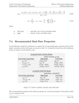 Curtin University of Technology
Department of Petroleum Engineering
Master of Petroleum Engineering
Drilling Engineering
qw2 =
qm. (ρB − ρm) − qu. (ρB − ρu) − wc
ρB
ρc
− 1 − n
i=1 wi. ρB
ρi
− 1
(ρB − ρw)
(7.20)
wB = qm − qu − qw2 −
wc
ρc
−
n
i=1
wi
ρi
.ρB (7.21)
where:
wc [lbm/min] ... mass ﬂow rate of clay and deﬂocculant
ρc [ppg] ... density of clay and deﬂocculant
7.4 Recommended Mud Flow Properties
In the following, empirical correlations to compute the recommended upper and lower limits of the
plastic viscosity and the yield point are given in table 7.4. It should be noted that all correlations
below are based on mud densities only.
Figure 7.4: Limits of plastic viscosity and yield point
The recommended maximum total solids percentage fST and the percentage of low-gravity solids
flg are computed with:
CHAPTER 7 Page 150
 