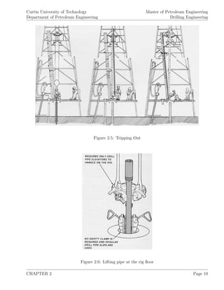 Curtin University of Technology
Department of Petroleum Engineering
Master of Petroleum Engineering
Drilling Engineering
Figure 2.5: Tripping Out
Figure 2.6: Lifting pipe at the rig ﬂoor
CHAPTER 2 Page 10
 