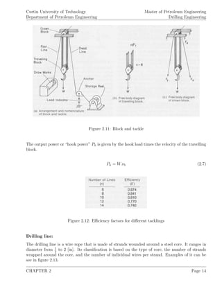 Curtin University of Technology
Department of Petroleum Engineering
Master of Petroleum Engineering
Drilling Engineering
Figure 2.11: Block and tackle
The output power or “hook power” Ph is given by the hook load times the velocity of the travelling
block.
Ph = W.νb (2.7)
Figure 2.12: Eﬃciency factors for diﬀerent tacklings
Drilling line:
The drilling line is a wire rope that is made of strands wounded around a steel core. It ranges in
diameter from 1
2
to 2 [in]. Its classiﬁcation is based on the type of core, the number of strands
wrapped around the core, and the number of individual wires per strand. Examples of it can be
see in ﬁgure 2.13.
CHAPTER 2 Page 14
 