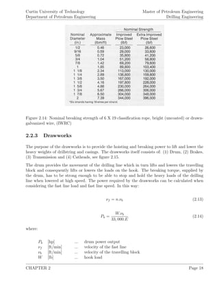 Curtin University of Technology
Department of Petroleum Engineering
Master of Petroleum Engineering
Drilling Engineering
Figure 2.14: Nominal breaking strength of 6 X 19 classiﬁcation rope, bright (uncoated) or drawn-
galvanized wire, (IWRC)
2.2.3 Drawworks
The purpose of the drawworks is to provide the hoisting and breaking power to lift and lower the
heavy weights of drillstring and casings. The drawworks itself consists of: (1) Drum, (2) Brakes,
(3) Transmission and (4) Catheads, see ﬁgure 2.15.
The drum provides the movement of the drilling line which in turn lifts and lowers the travelling
block and consequently lifts or lowers the loads on the hook. The breaking torque, supplied by
the drum, has to be strong enough to be able to stop and hold the heavy loads of the drilling
line when lowered at high speed. The power required by the drawworks can be calculated when
considering the fast line load and fast line speed. In this way:
νf = n.νb (2.13)
Ph =
W.νb
33, 000.E
(2.14)
where:
Ph [hp] ... drum power output
νf [ft/min] ... velocity of the fast line
νb [ft/min] ... velocity of the travelling block
W [lb] ... hook load
CHAPTER 2 Page 18
 