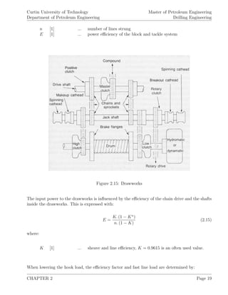 Curtin University of Technology
Department of Petroleum Engineering
Master of Petroleum Engineering
Drilling Engineering
n [1] ... number of lines strung
E [1] ... power eﬃciency of the block and tackle system
Figure 2.15: Drawworks
The input power to the drawworks is inﬂuenced by the eﬃciency of the chain drive and the shafts
inside the drawworks. This is expressed with:
E =
K. (1 − Kn
)
n. (1 − K)
(2.15)
where:
K [1] ... sheave and line eﬃciency, K = 0.9615 is an often used value.
When lowering the hook load, the eﬃciency factor and fast line load are determined by:
CHAPTER 2 Page 19
 