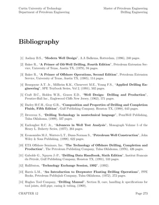 Curtin University of Technology
Department of Petroleum Engineering
Master of Petroleum Engineering
Drilling Engineering
Bibliography
[1] Aadnoy B.S., “Modern Well Design”, A.A Balkema, Rotterdam, (1996), 240 pages.
[2] Baker R., “A Primer of Oil-Well Drilling, Fourth Edition”, Petroleum Extension Ser-
vice, University of Texas, Austin TX, (1979), 94 pages.
[3] Baker R., “A Primer of Oﬀshore Operations, Second Edition”, Petroleum Extension
Service, University of Texas, Austin TX, (1985), 114 pages.
[4] Bourgoyne A.T. Jr., Millheim K.K., Chenevert M.E., Young F.S., “Applied Drilling En-
gineering”, SPE Textbook Series, Vol 2, (1991), 502 pages.
[5] Craft B.C., Holden W.R., Graves E.D., “Well Design: Drilling and Production”,
Prentice-Hall Inc., Englewood Cliﬀs New Jersey, (1962), 571 pages.
[6] Darley H.C.H., Gray G.R., “Composition and Properties of Drilling and Completion
Fluids, Fifth Edition”, Gulf Publishing Company, Houston TX, (1988), 643 pages.
[7] Devereux S., “Drilling Technology in nontechnical language”, PennWell Publishing,
Tulsa Oklahoma, (1999), 337 pages.
[8] Earlougher R.C. Jr., “Advances in Well Test Analysis”, Monograph Volume 5 of the
Henry L. Doherty Series, (1977), 264 pages.
[9] Economides M.J., Watters L.T., Dunn-Norman S., “Petroleum Well Construction”, John
Wiley & Sons Publishing, (1998), 622 pages.
[10] ETA Oﬀshore Seminars, Inc. “The Technology of Oﬀshore Drilling, Completion and
Production”, The Petroleum Publishing Company, Tulsa Oklahoma, (1976), 426 pages.
[11] Gabolde G., Nguyen J.-P., “Drilling Data Handbook, Sixth Edition”, Institut Francais
du Petrole, Gulf Publishing Company, Houston TX, (1991), 533 pages.
[12] Hallibuton, “Technology Exchange Session, 1992”, (1992).
[13] Harris L.M., “An Introduction to Deepwater Floating Drilling Operations”, PPE
Books, Petroleum Publisjinh Company, Tulsa Oklahoma, (1972), 272 pages.
[14] Hughes Tool Company, “Drilling Manual”, Section B, care, handling & speciﬁcations for
tool joints, drill pipe, casing & tubing, (1969),
CHAPTER 12 Page 273
 